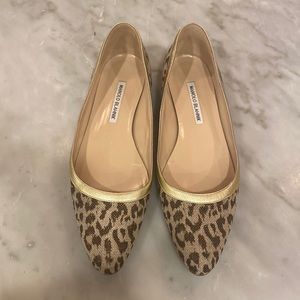 Manolo Blahnik leopard flats with gold trim